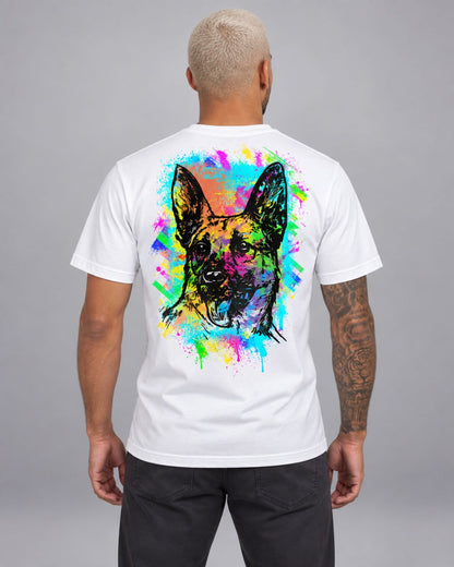 Camiseta Masculina Pastor Alemão Neon Estampa Frente e Costas
