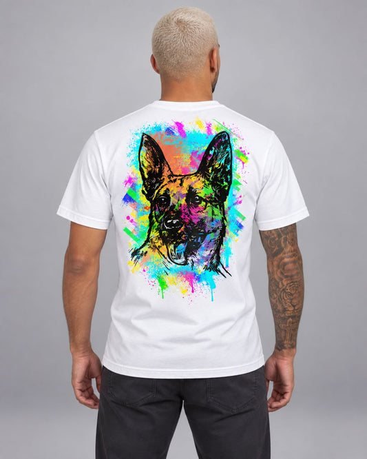 Camiseta Masculina Pastor Alemão Neon Estampa Frente e Costas