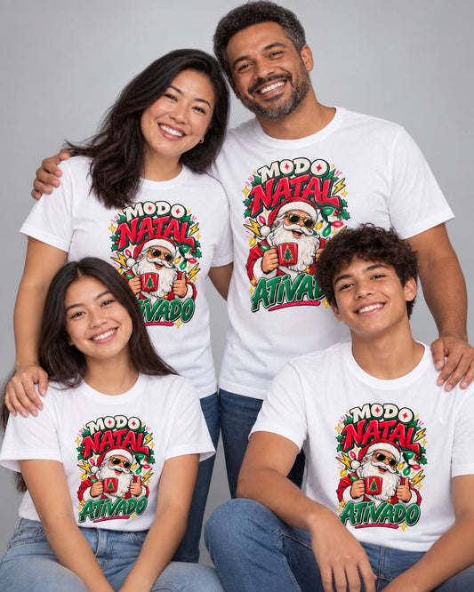 Camiseta Modo Natal Ativado – Adulto e Infantil