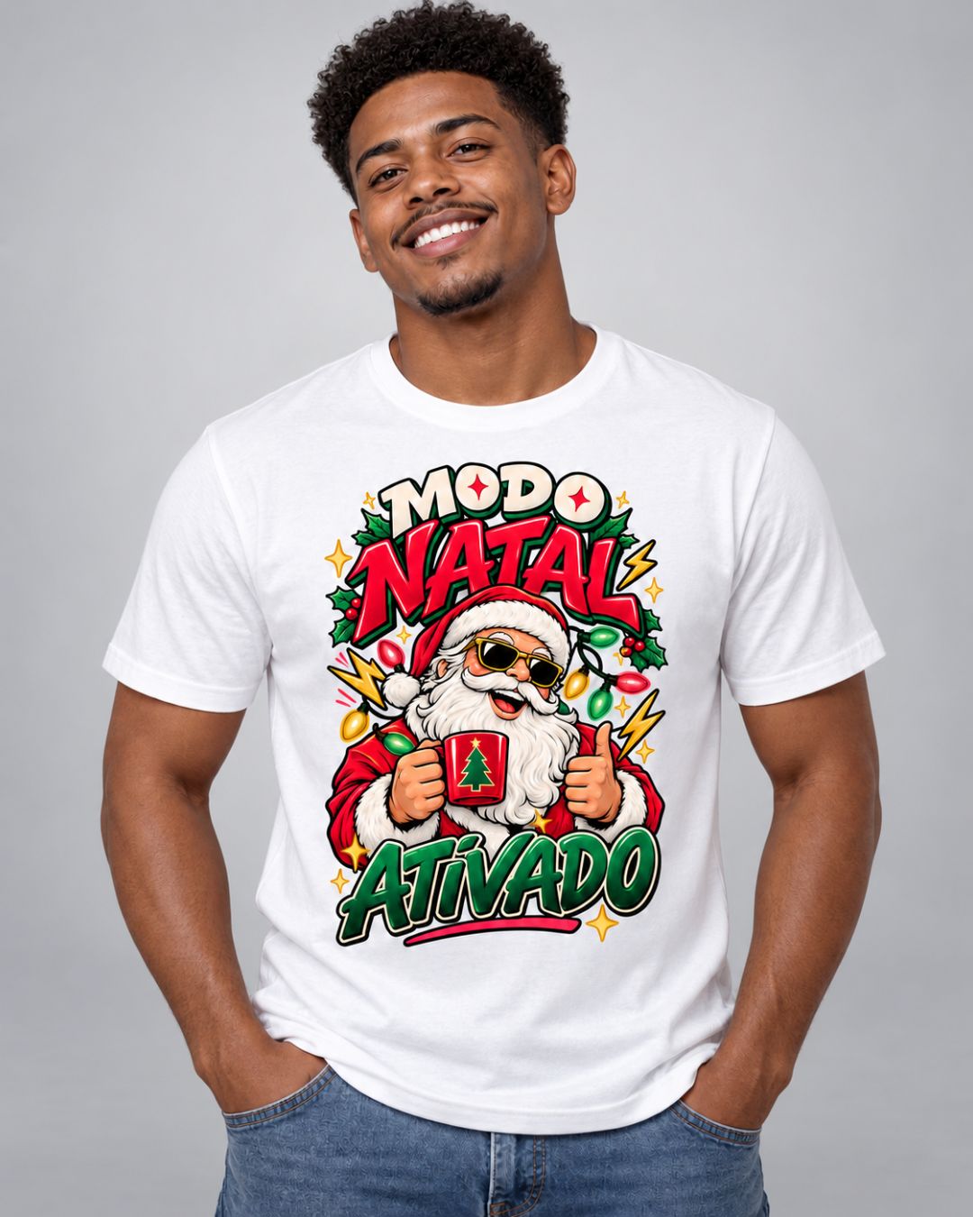 Camiseta Modo Natal Ativado – Adulto e Infantil