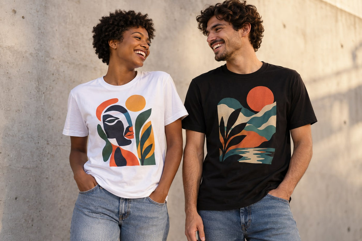 Casal de camisetas estampadas, uma branca e uma preta, com artes coloridas