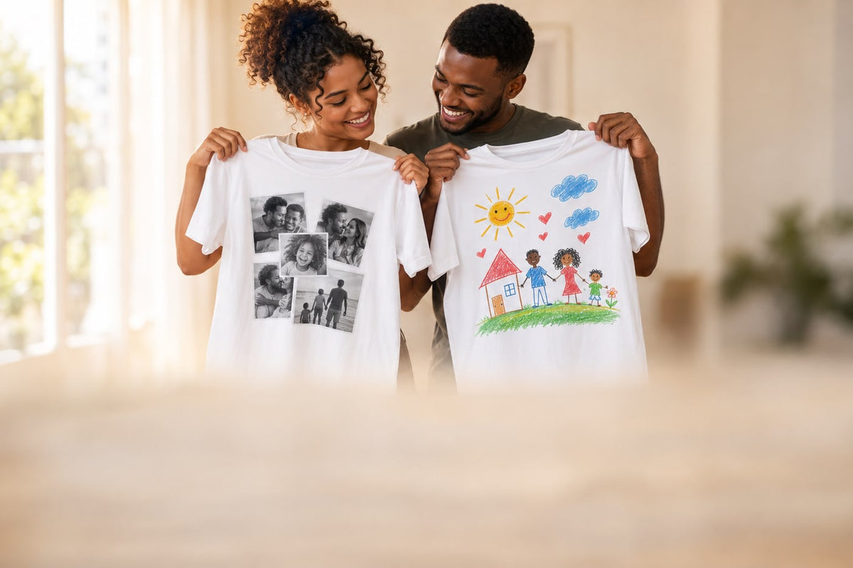 Casal segurando duas camisetas personalizadas, uma com colagem de fotos e outra com desenho infantil