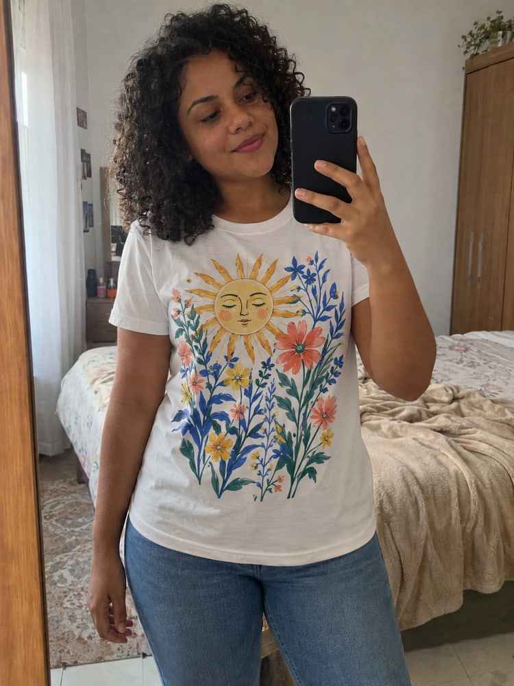 Mulher de camiseta branca estampada com flores e sol, em selfie no espelho