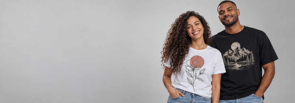 Casal sorrindo com camisetas estampadas da Feito Meu, espaco livre a esquerda
